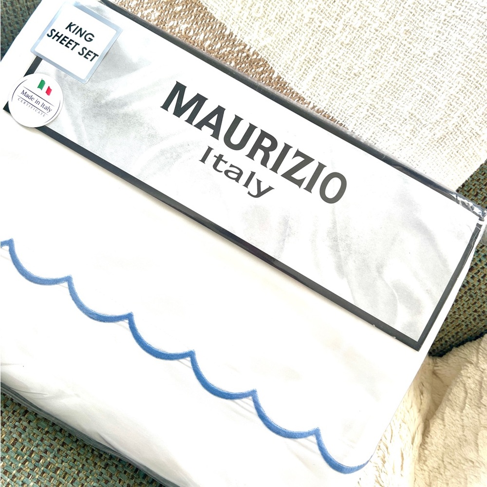 MAURIZIO Made in Italy KING SHEET SET WHITE Cotton BLUE Scalloped Embroi…